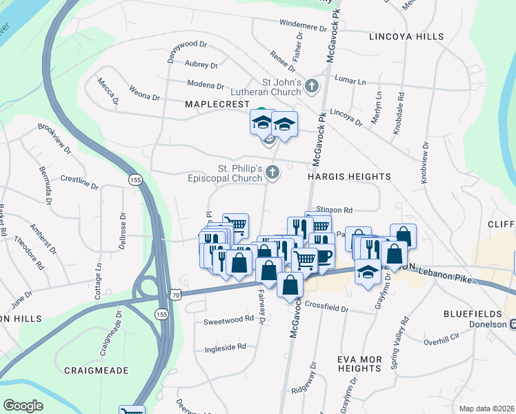 map of restaurants, bars, coffee shops, grocery stores, and more near 103 Fairway Drive in Nashville