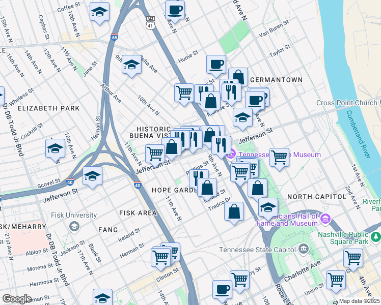 map of restaurants, bars, coffee shops, grocery stores, and more near 924 Jefferson Street in Nashville