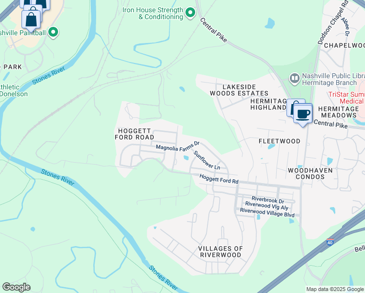 map of restaurants, bars, coffee shops, grocery stores, and more near 4128 Magnolia Farms Drive in Nashville