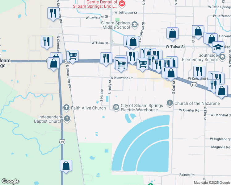 map of restaurants, bars, coffee shops, grocery stores, and more near 1650 Henegar Drive in Siloam Springs