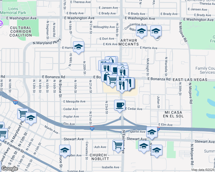 map of restaurants, bars, coffee shops, grocery stores, and more near 2400 East Bonanza Road in Las Vegas