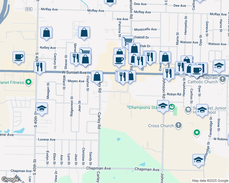 map of restaurants, bars, coffee shops, grocery stores, and more near Springdale Avenue in Springdale