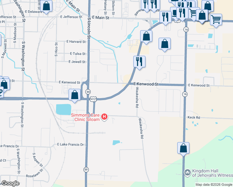 map of restaurants, bars, coffee shops, grocery stores, and more near 1480-1736 U.S. 412 in Siloam Springs