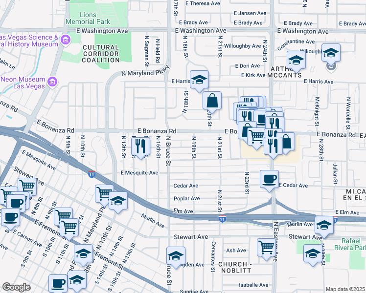 map of restaurants, bars, coffee shops, grocery stores, and more near 1812 Linden Avenue in Las Vegas