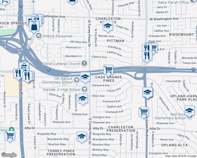 map of restaurants, bars, coffee shops, grocery stores, and more near 6332 Garwood Avenue in Las Vegas
