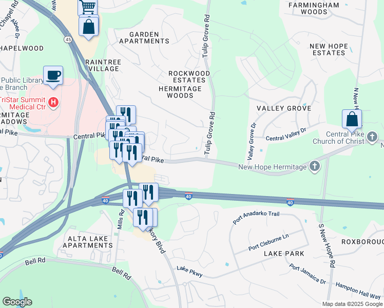 map of restaurants, bars, coffee shops, grocery stores, and more near 4035 Central Pike in Nashville