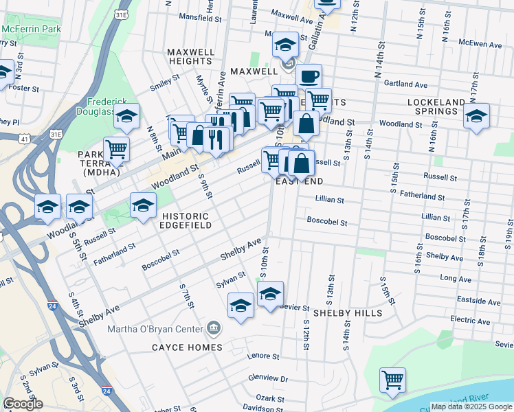 map of restaurants, bars, coffee shops, grocery stores, and more near 934 Boscobel Street in Nashville