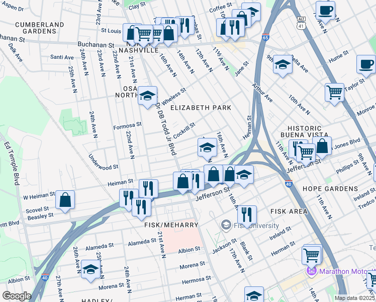 map of restaurants, bars, coffee shops, grocery stores, and more near in Nashville