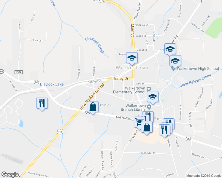 map of restaurants, bars, coffee shops, grocery stores, and more near 3240 Willoughby Drive in Walkertown
