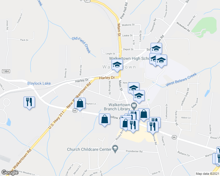 map of restaurants, bars, coffee shops, grocery stores, and more near 3256 Winthrop Street in Walkertown