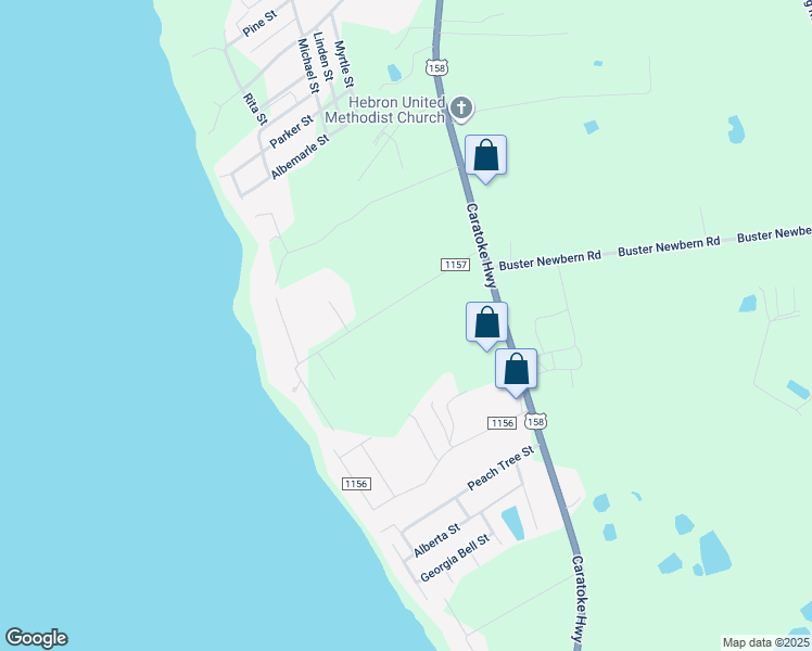 map of restaurants, bars, coffee shops, grocery stores, and more near 159 Riverlane Road in Jarvisburg