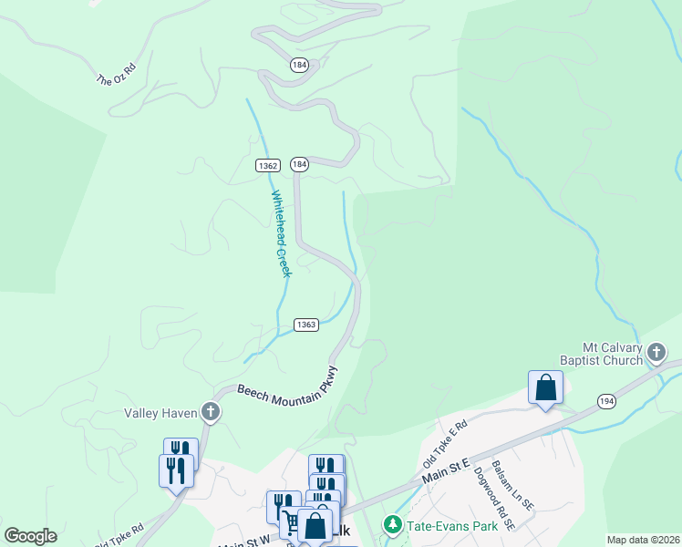 map of restaurants, bars, coffee shops, grocery stores, and more near 1378 South Beech Mountain Parkway in Banner Elk