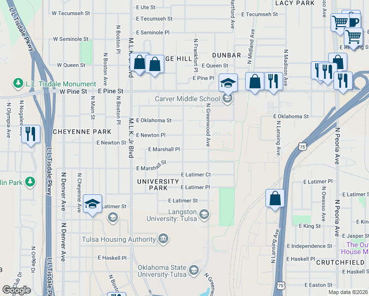 map of restaurants, bars, coffee shops, grocery stores, and more near 440 East Marshall Place in Tulsa