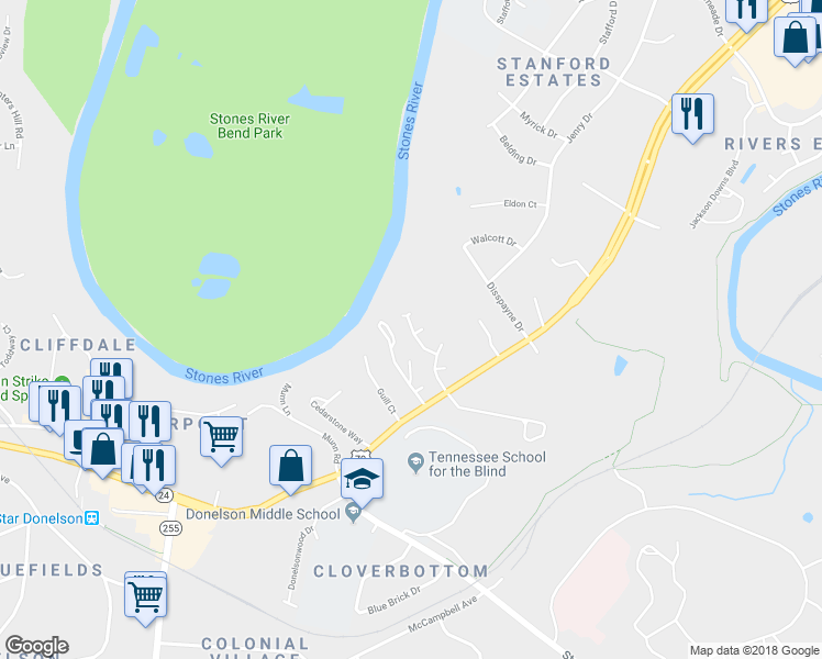map of restaurants, bars, coffee shops, grocery stores, and more near 318 Rivercrest Cove in Nashville