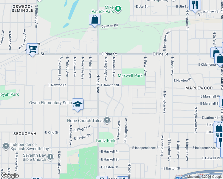map of restaurants, bars, coffee shops, grocery stores, and more near 1238 North Braden Avenue in Tulsa
