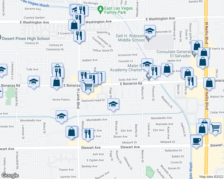 map of restaurants, bars, coffee shops, grocery stores, and more near 4561 East Bonanza Road in Las Vegas