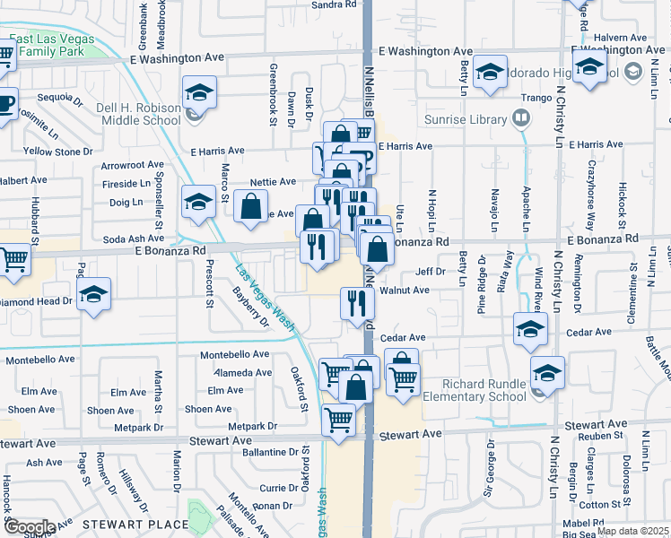 map of restaurants, bars, coffee shops, grocery stores, and more near 5051 East Bonanza Road in Las Vegas