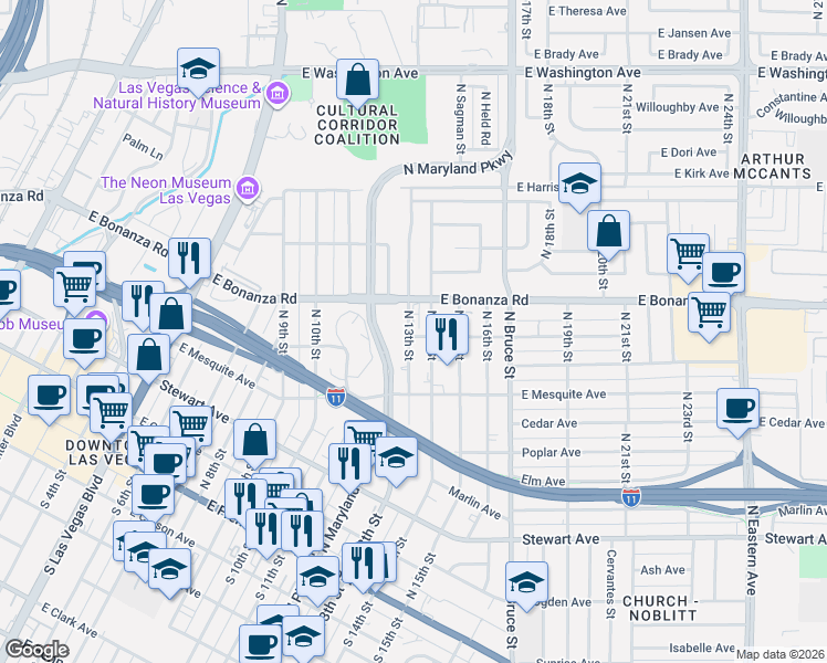 map of restaurants, bars, coffee shops, grocery stores, and more near 441 North 13th Street in Las Vegas