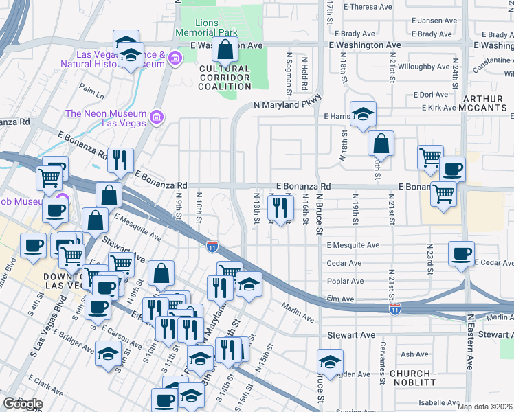 map of restaurants, bars, coffee shops, grocery stores, and more near 441 North 13th Street in Las Vegas