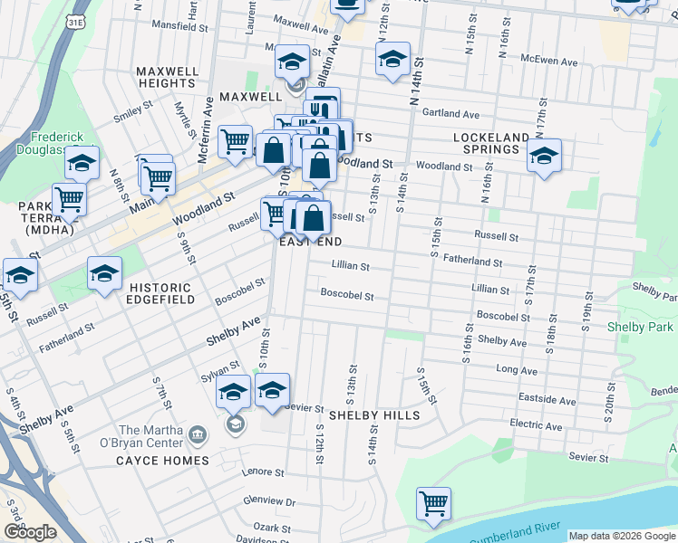 map of restaurants, bars, coffee shops, grocery stores, and more near 1109C Boscobel Street in Nashville