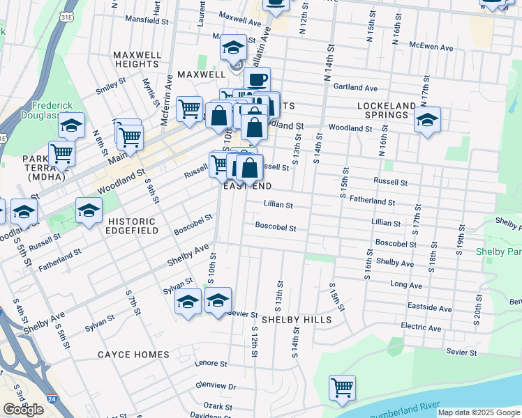 map of restaurants, bars, coffee shops, grocery stores, and more near 1109C Boscobel Street in Nashville