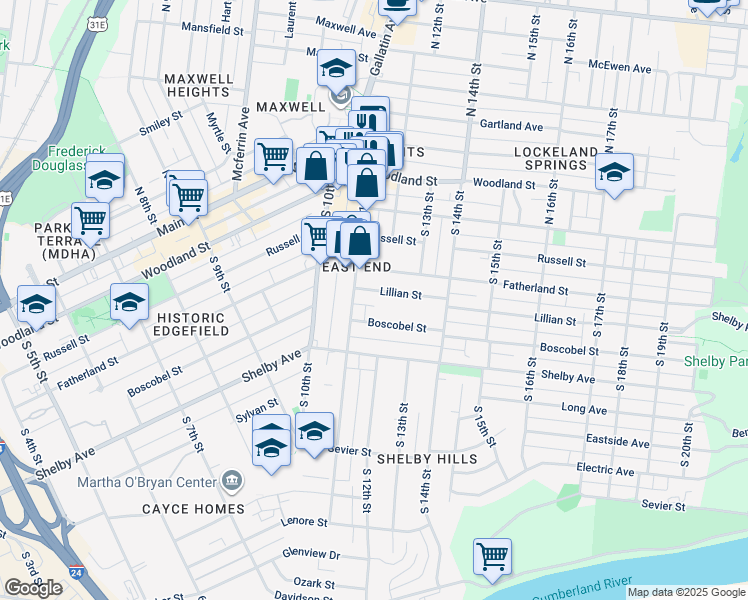 map of restaurants, bars, coffee shops, grocery stores, and more near 1109C Boscobel Street in Nashville