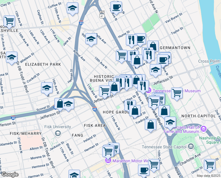 map of restaurants, bars, coffee shops, grocery stores, and more near 1024 Jefferson Street in Nashville