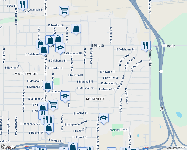 map of restaurants, bars, coffee shops, grocery stores, and more near 7129 East Marshall Place in Tulsa