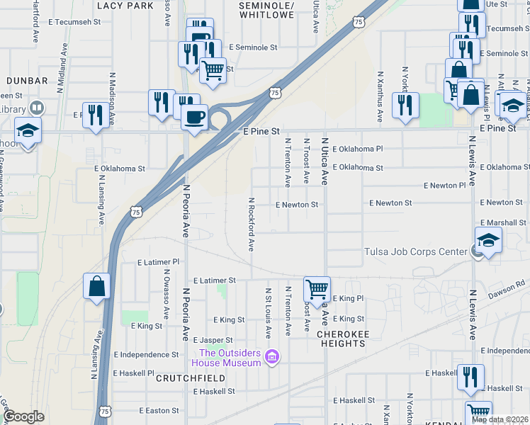 map of restaurants, bars, coffee shops, grocery stores, and more near 1209 North Rockford Avenue in Tulsa