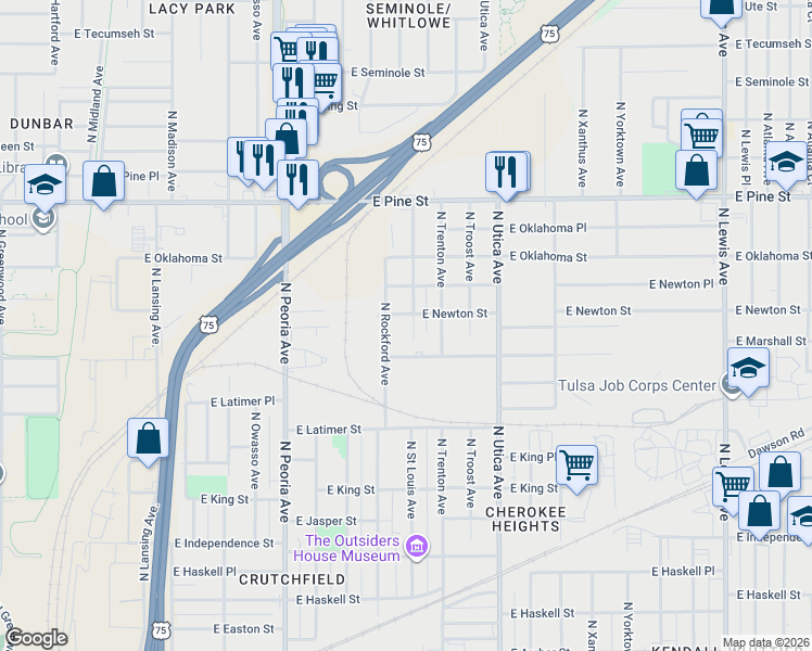 map of restaurants, bars, coffee shops, grocery stores, and more near 1209 North Rockford Avenue in Tulsa