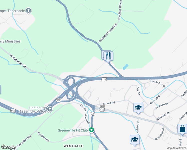 map of restaurants, bars, coffee shops, grocery stores, and more near 173 State Street in Greeneville
