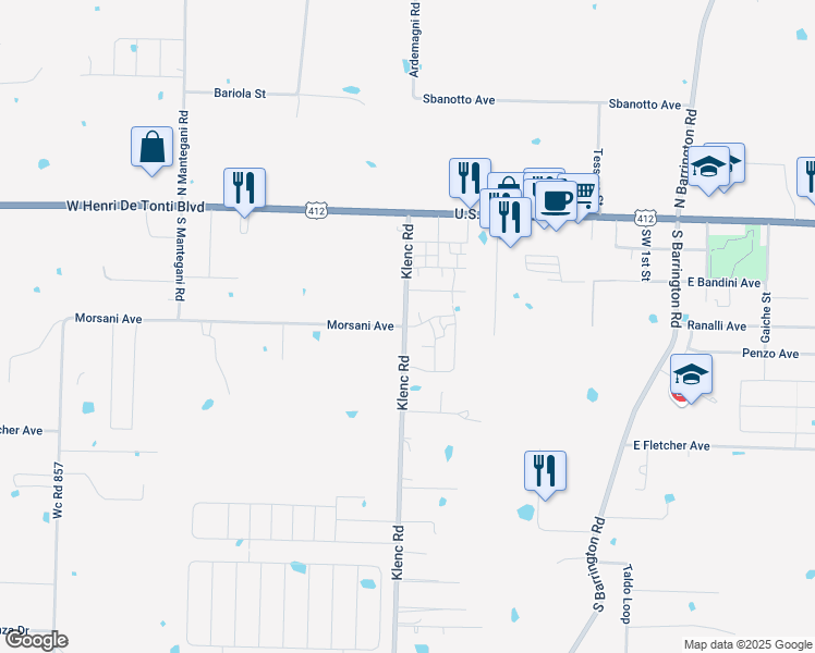 map of restaurants, bars, coffee shops, grocery stores, and more near 693 Morsani Place in Tontitown