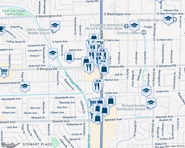map of restaurants, bars, coffee shops, grocery stores, and more near 5051 East Bonanza Road in Las Vegas
