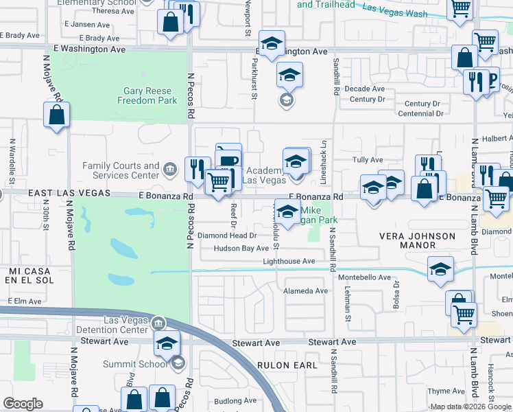 map of restaurants, bars, coffee shops, grocery stores, and more near 3814 Coral Reef Way in Las Vegas