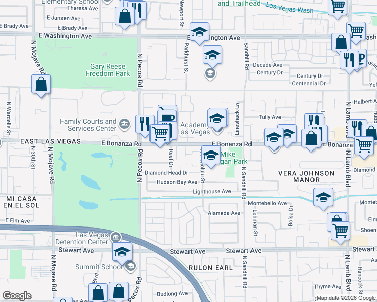 map of restaurants, bars, coffee shops, grocery stores, and more near 592 Sea Shell Lane in Las Vegas