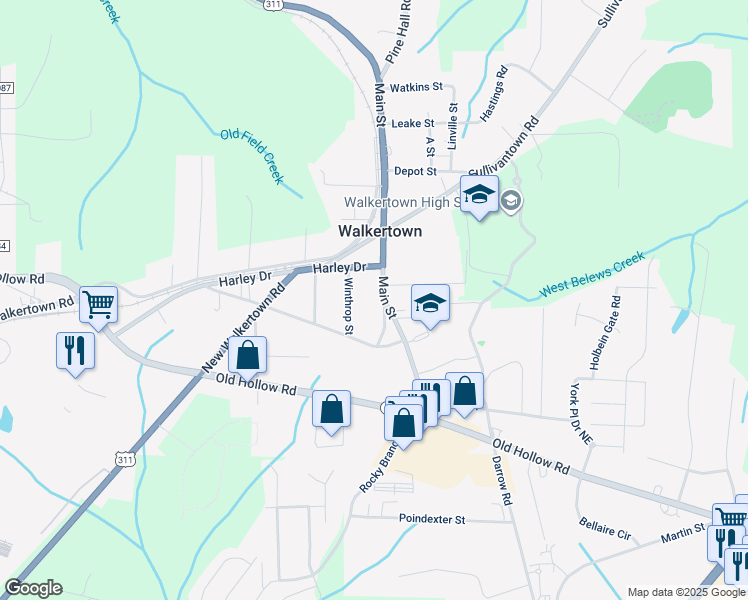 map of restaurants, bars, coffee shops, grocery stores, and more near 3064 Main Street in Walkertown