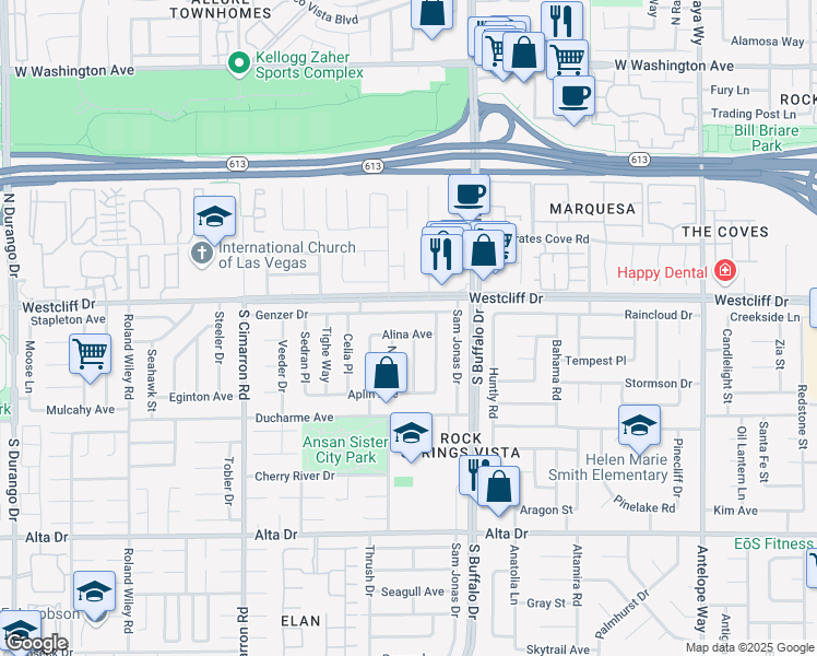 map of restaurants, bars, coffee shops, grocery stores, and more near 7704 Alina Avenue in Las Vegas
