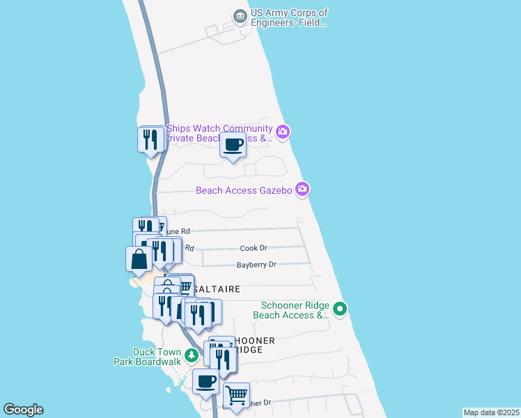 map of restaurants, bars, coffee shops, grocery stores, and more near 117 Sea Colony Drive in Kitty Hawk