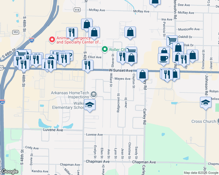 map of restaurants, bars, coffee shops, grocery stores, and more near 1509 Austin Street in Springdale