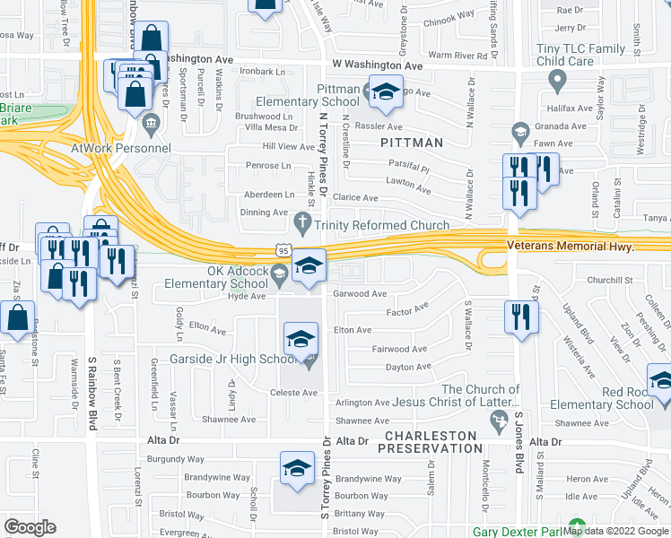 map of restaurants, bars, coffee shops, grocery stores, and more near 100 South Crestline Drive in Las Vegas