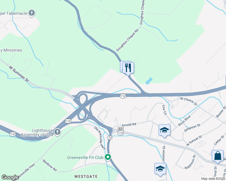 map of restaurants, bars, coffee shops, grocery stores, and more near 173 State Street in Greeneville