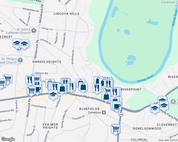 map of restaurants, bars, coffee shops, grocery stores, and more near 2608 Crestwood Road in Nashville