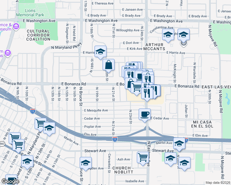 map of restaurants, bars, coffee shops, grocery stores, and more near 500 North 21st Street in Las Vegas