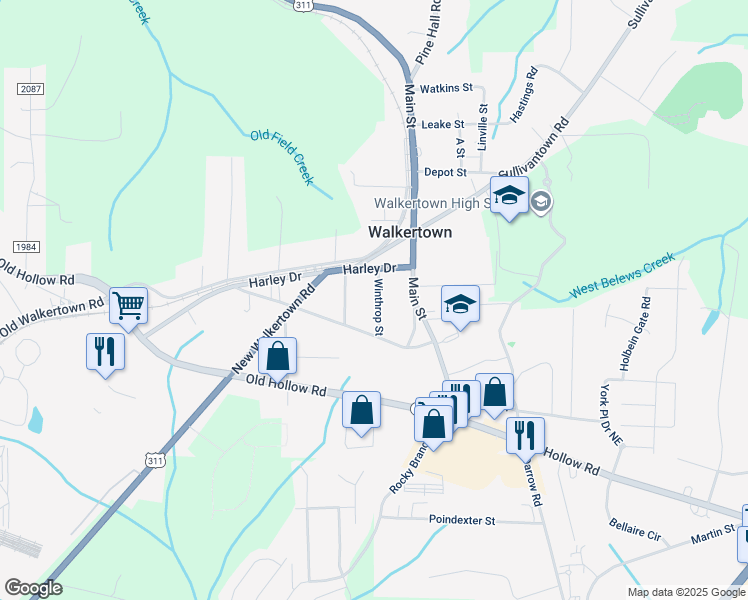 map of restaurants, bars, coffee shops, grocery stores, and more near 3256 Winthrop Street in Walkertown