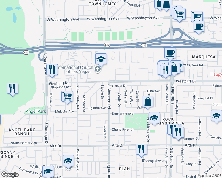 map of restaurants, bars, coffee shops, grocery stores, and more near 105 South Cimarron Road in Las Vegas