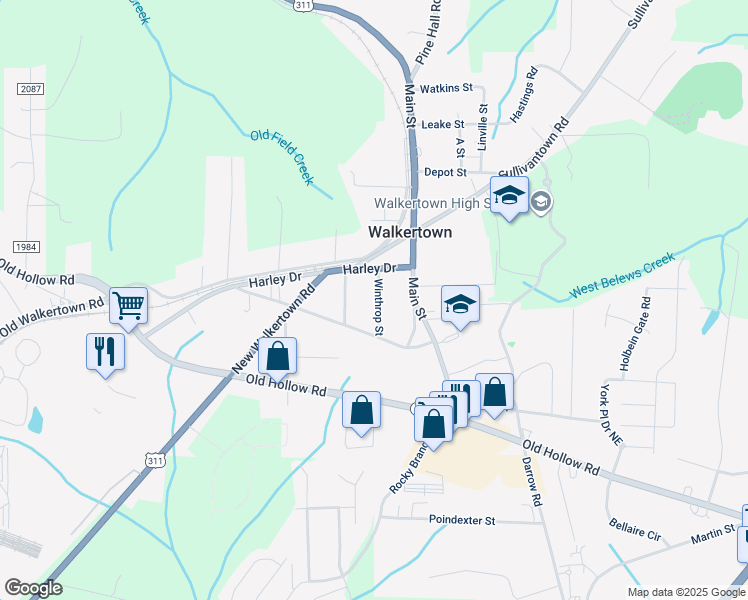 map of restaurants, bars, coffee shops, grocery stores, and more near 3256 Winthrop Street in Walkertown