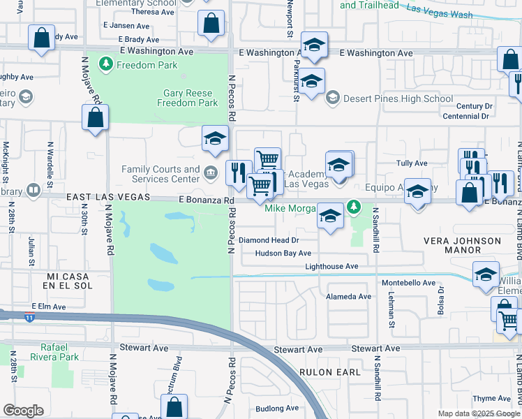 map of restaurants, bars, coffee shops, grocery stores, and more near 3595 East Bonanza Road in Las Vegas
