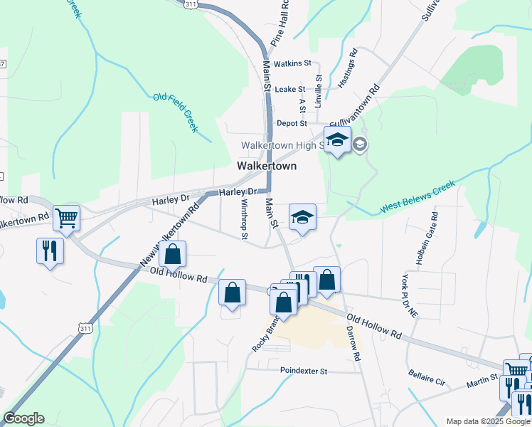 map of restaurants, bars, coffee shops, grocery stores, and more near 3064 Main Street in Walkertown