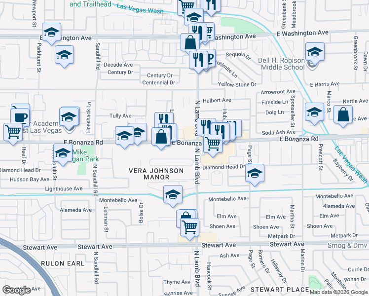 map of restaurants, bars, coffee shops, grocery stores, and more near 4339 East Bonanza Road in Las Vegas