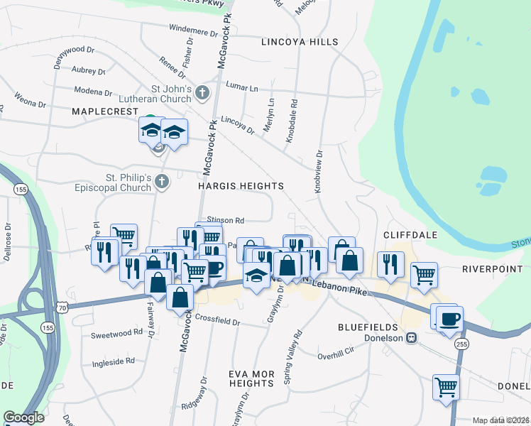 map of restaurants, bars, coffee shops, grocery stores, and more near 2519 Stinson Road in Nashville